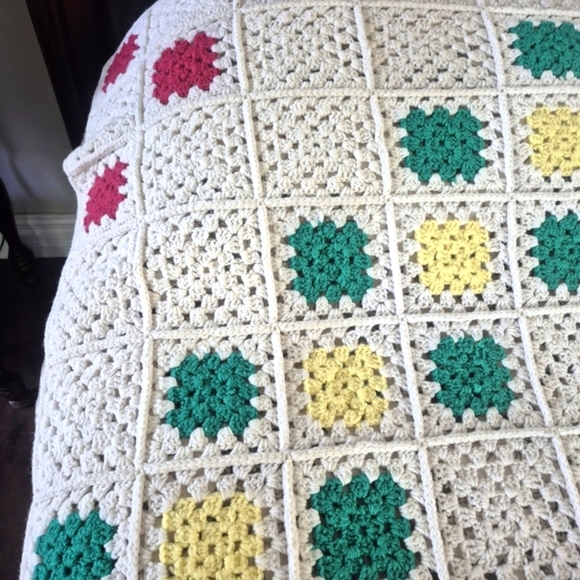 Handmade Vintage Crochet Blanket 62"x86" shown On Queen Bed - Picture 6 of 6